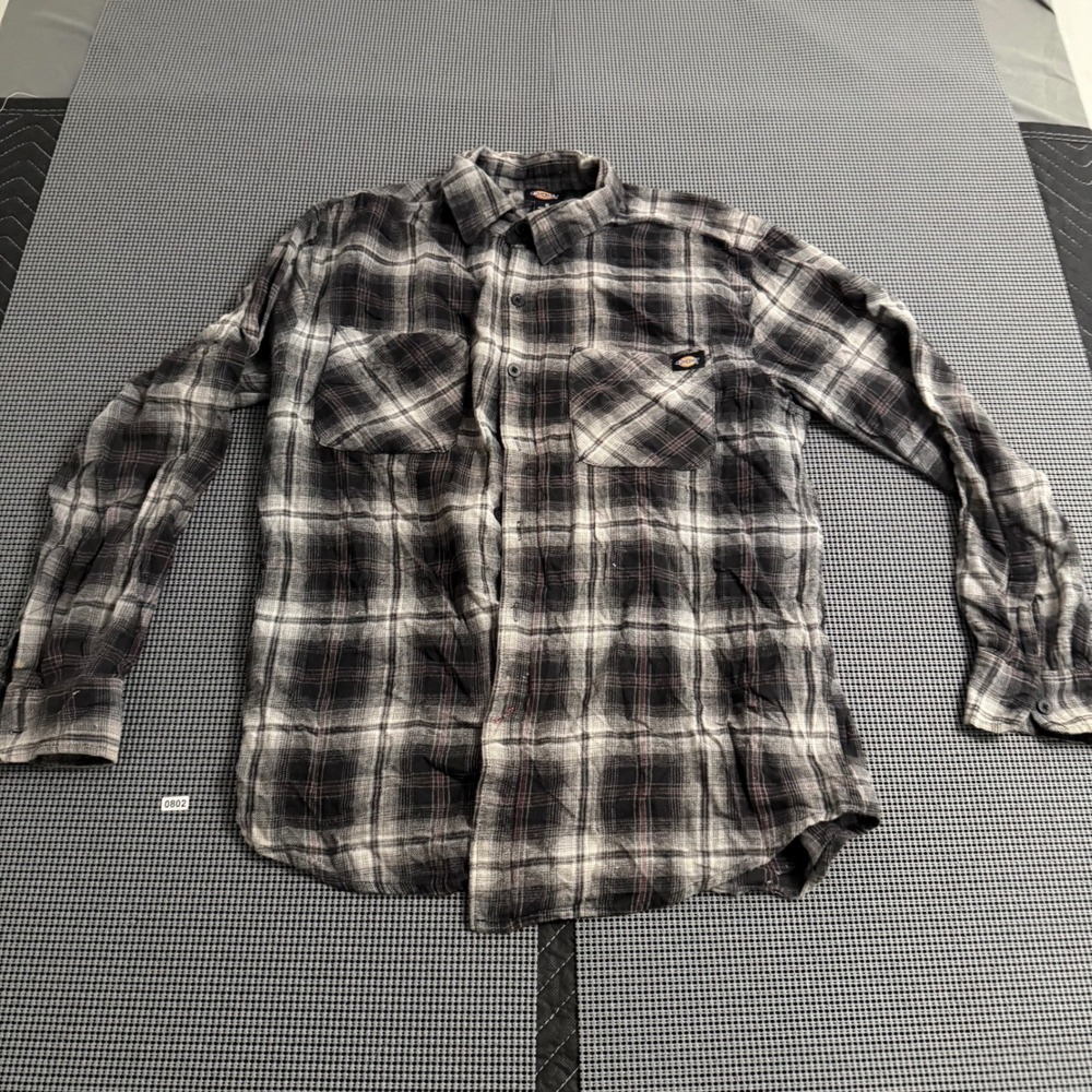 Dickies‎ Mens Plaid Flannel Shirt Black Grey White Long Sleeve Workwear Size M